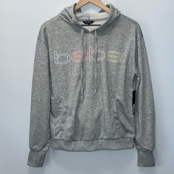 "NWT" Bebe Sport Hoodie‎ Sweatshirt Neon Lites Logo Kangaroo Pocket Gray- Size S - Picture 1 of 11